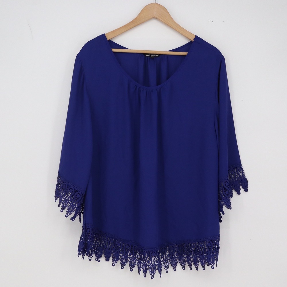 Unique Spectrum Blouse Womens 1X Crochet Lace Trim Royal Blue Boho Excellent